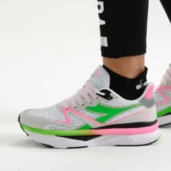 Diadora Women's Atomo V7000 Running Shoe - White/Green Fluo/Pink Fluo -Boutique Shoe Store 101.179068 D0250 CV